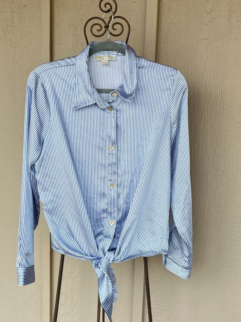 Michael Kors Shirt Pinstripe Satin Tie Front Button Down Long Sleeve Blueberry M